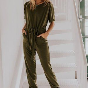 Green tie waist jumpsuit